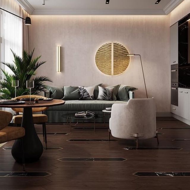 Паркет с камнем и металлом